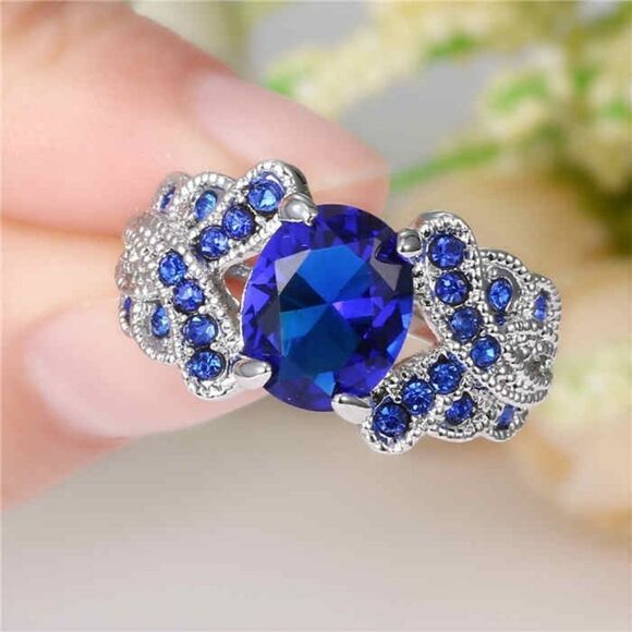 Blue Sapphire Zircon Lady's White Rhodium Plated Ring - Picture 1 of 2